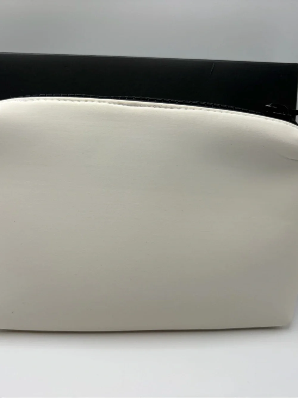Designer Inspired Elegant White Cosmetic Pouch With Black Logo
